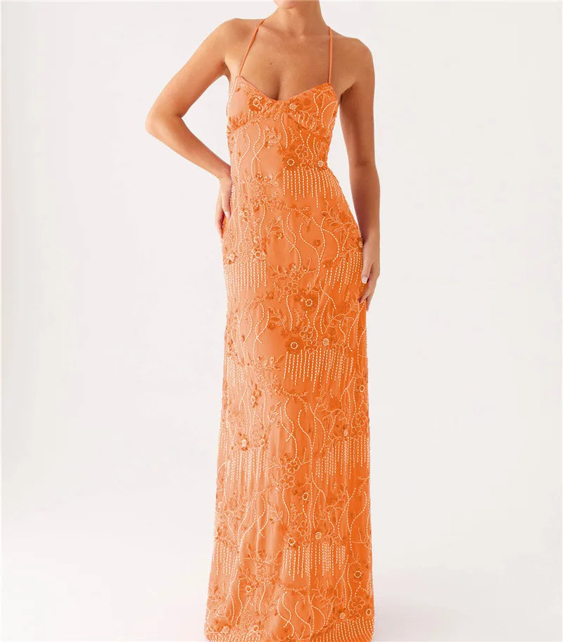 Nile Jewel Sequin Beaded Women Backless Criss Cross Straps Dress