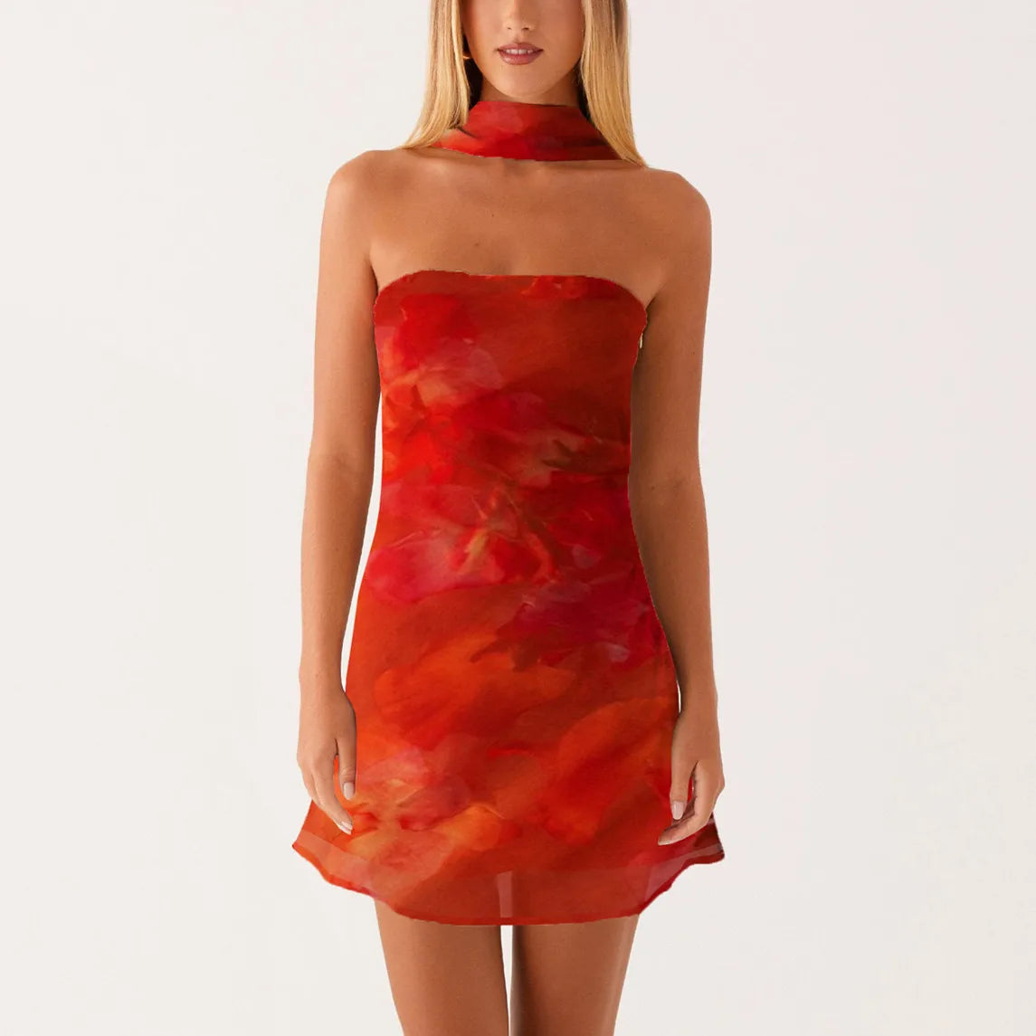 Blossom Dusk Women's Strapless Neck Scarf Floral Dresses