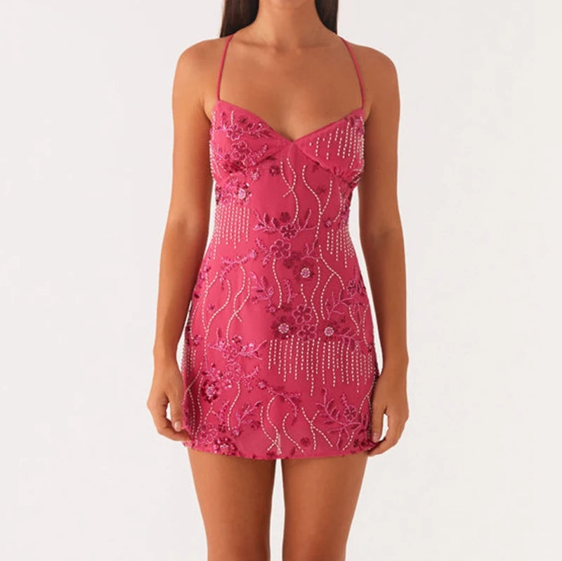 Nile Jewel Sequin Beaded Women Backless Criss Cross Straps Dress