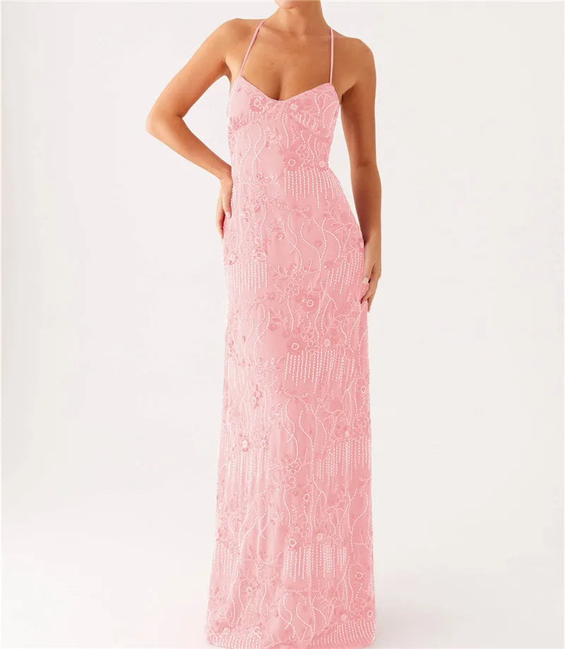 Nile Jewel Sequin Beaded Women Backless Criss Cross Straps Dress