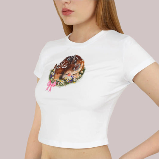 Doe-Eyed Darling Baby Tee Kawaii Deer Graphic Y2K Crop Top, Coquette Aesthetic Shirt for Women