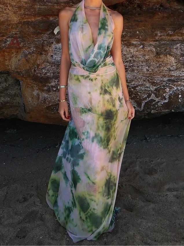 Sunlit Backless Halter Maxi Dress