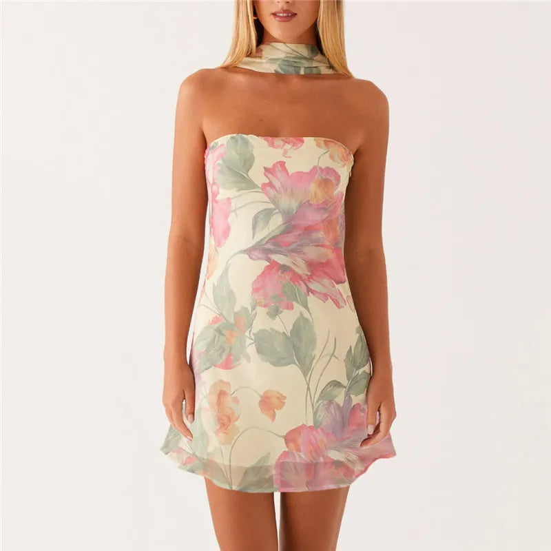 Blossom Dusk Women's Strapless Neck Scarf Floral Dresses