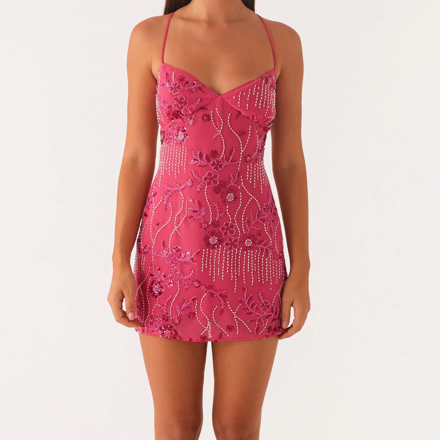 Nile Jewel Sequin Beaded Women Backless Criss Cross Straps Dress