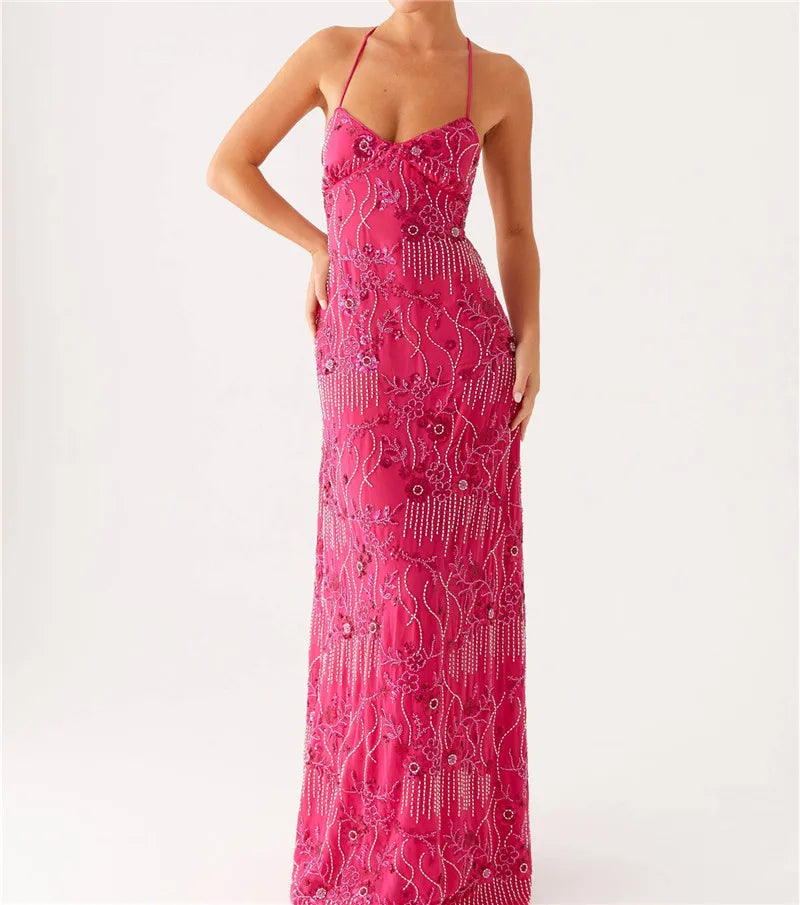 Nile Jewel Sequin Beaded Women Backless Criss Cross Straps Dress