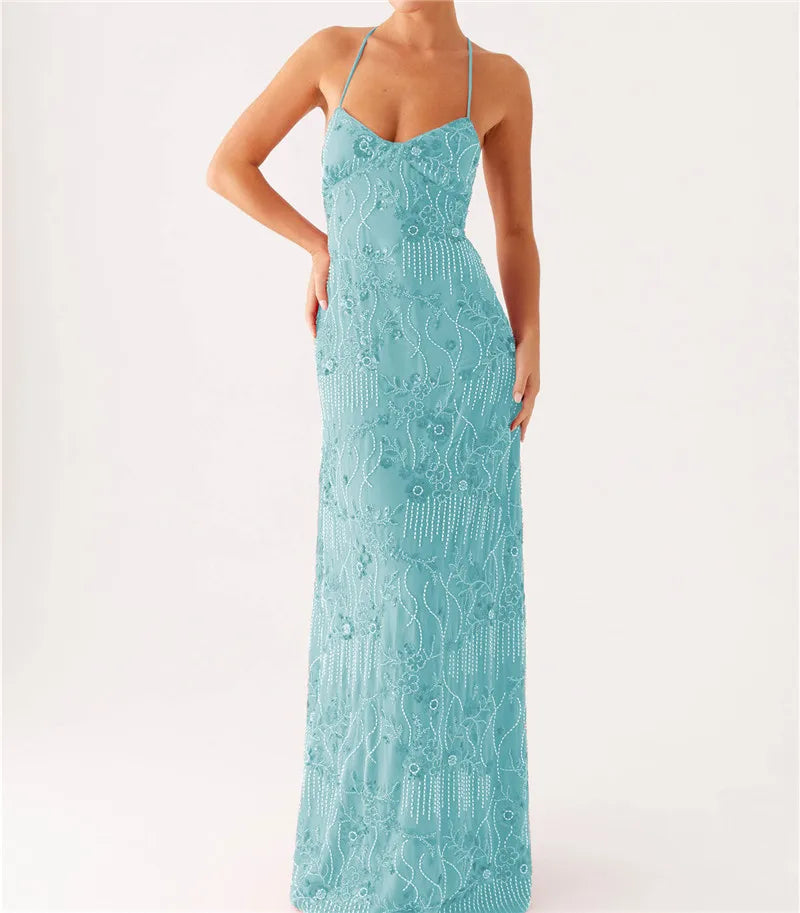 Nile Jewel Sequin Beaded Women Backless Criss Cross Straps Dress